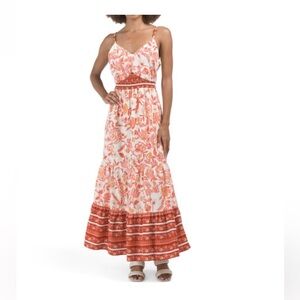 RACHEL ZOE Coral Linen Blend Tiered Maxi Dress Sz L NWOT